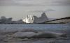 在南极半岛西部的一座冰山上，企鹅们摇摇摆摆地穿过岩石。